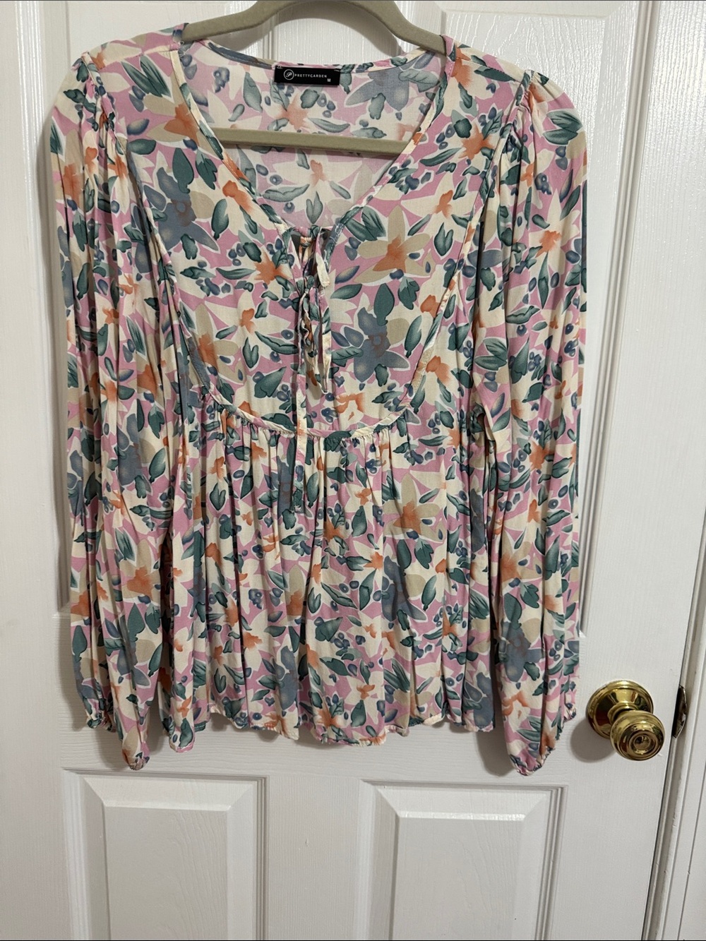 Monteau Floral Tie-Front Peasant Blouse in Cream, Pink & Green